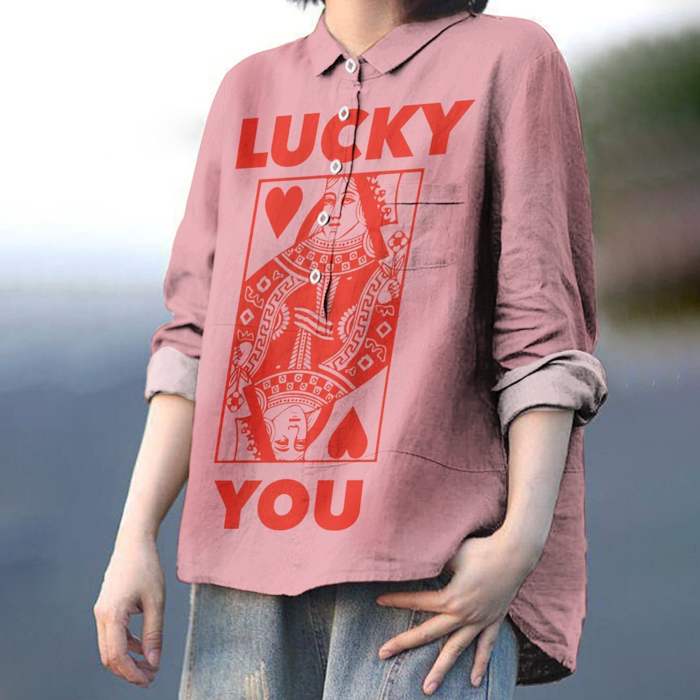 Women's Lucky You Print Casual Cotton And Linen Shirt