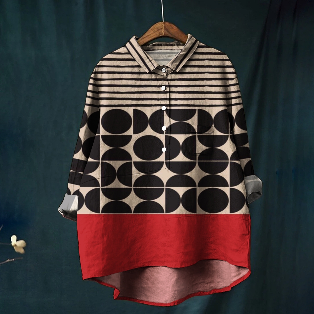 Women's Colorblock Geometric Stripe Print Casual Cotton And Linen Shirt