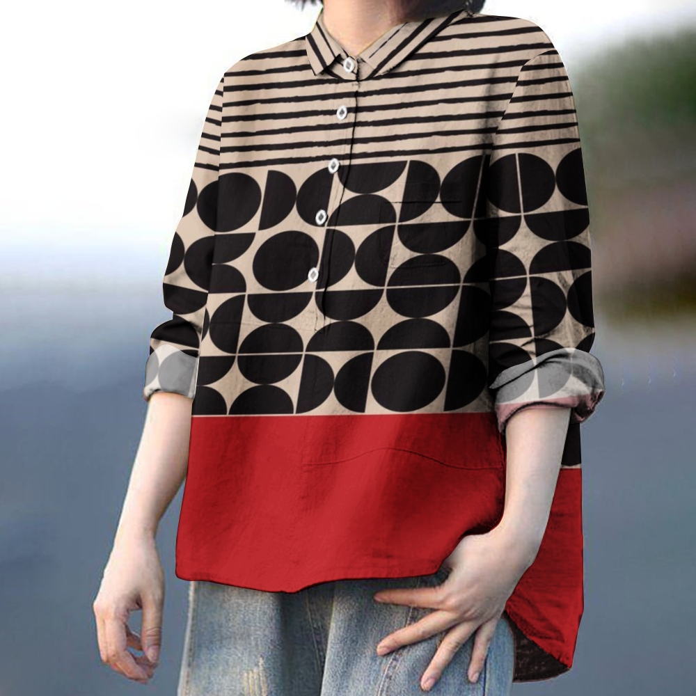Women's Colorblock Geometric Stripe Print Casual Cotton And Linen Shirt