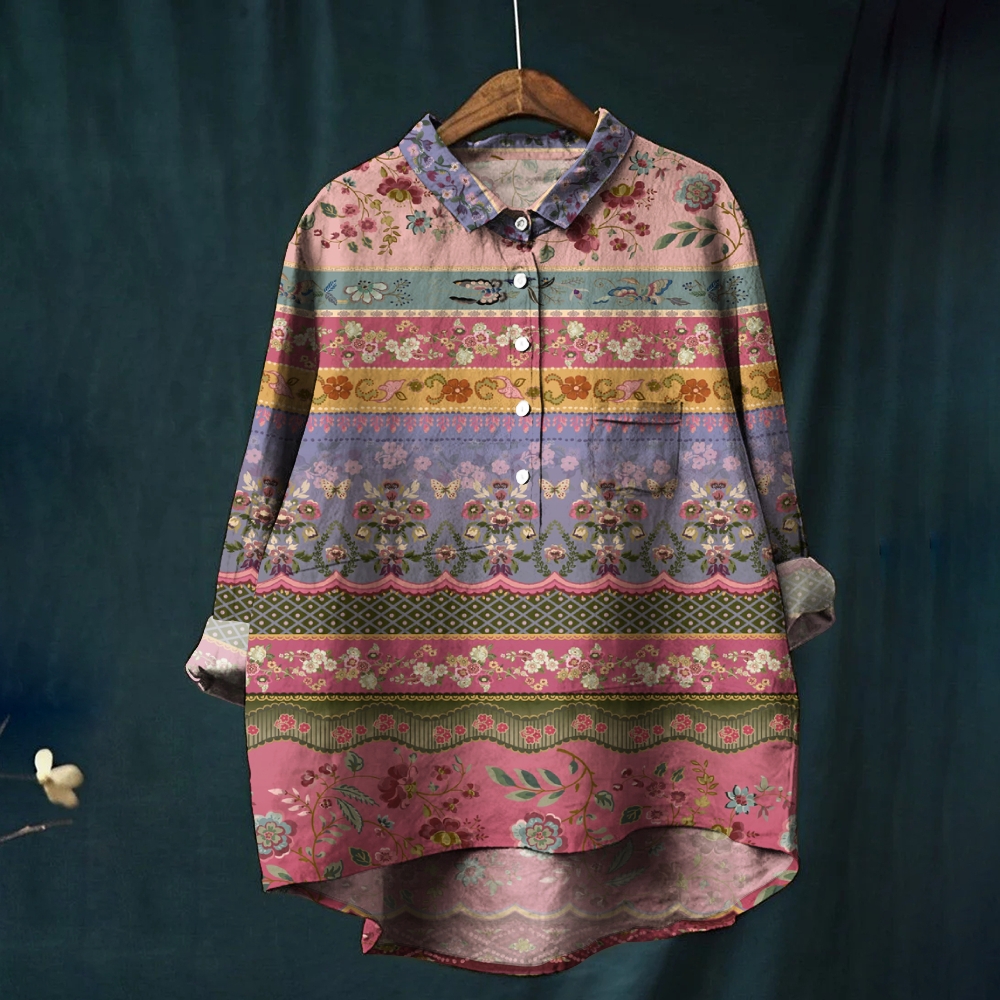 Women's Retro Colorblock Floral Print Casual Cotton And Linen Shirt 2408000884
