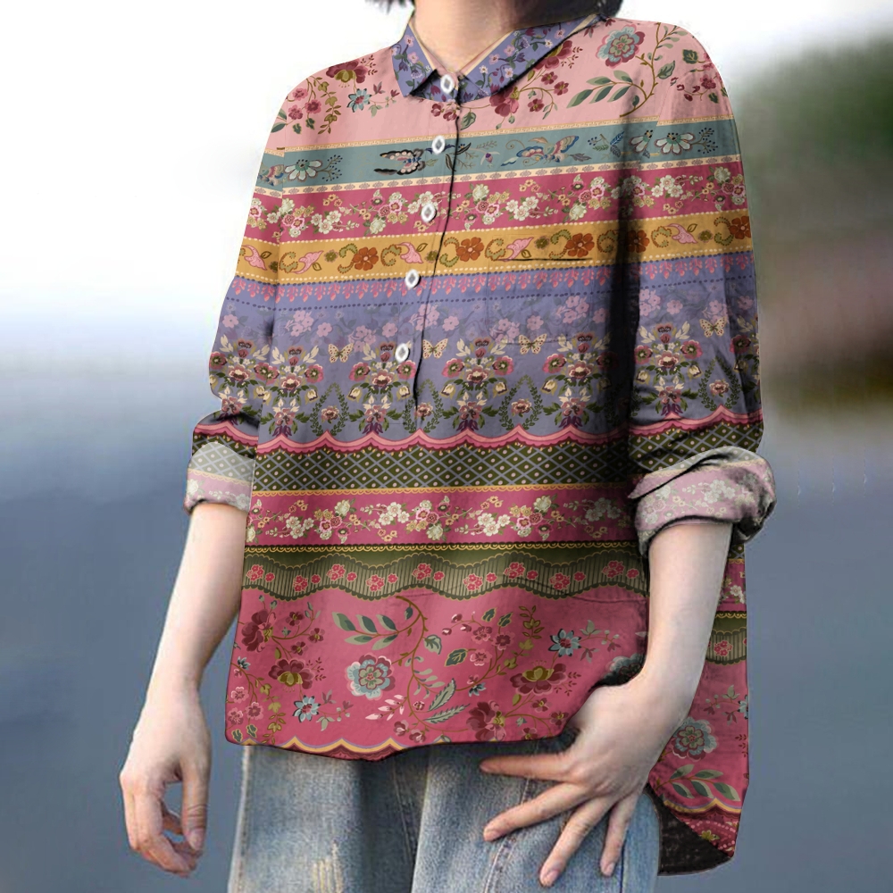 Women's Retro Colorblock Floral Print Casual Cotton And Linen Shirt 2408000884