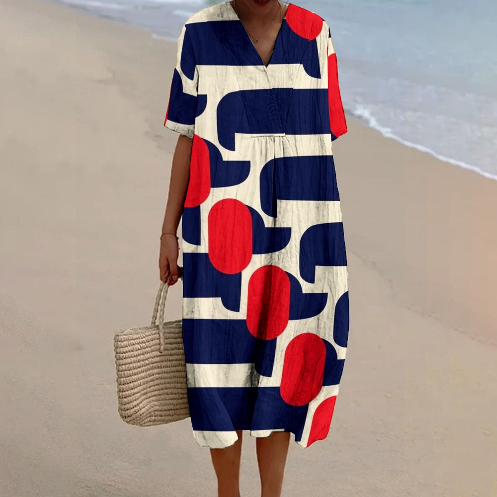 Women's Colorblock Dog Print Flowy Linen Dress