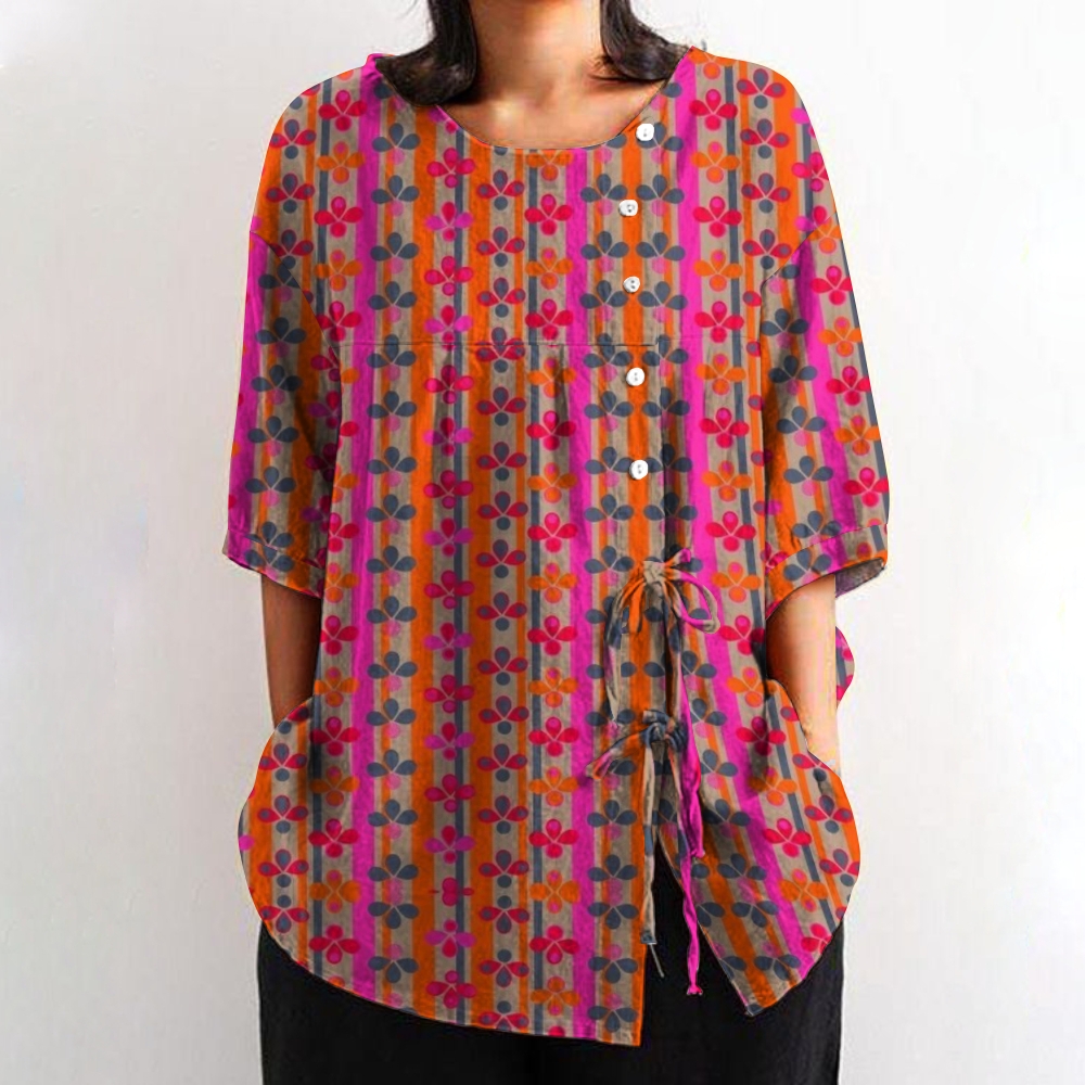Women's Casual Colorful Geometric Floral Pattern Printed Cotton And Linen Shirt