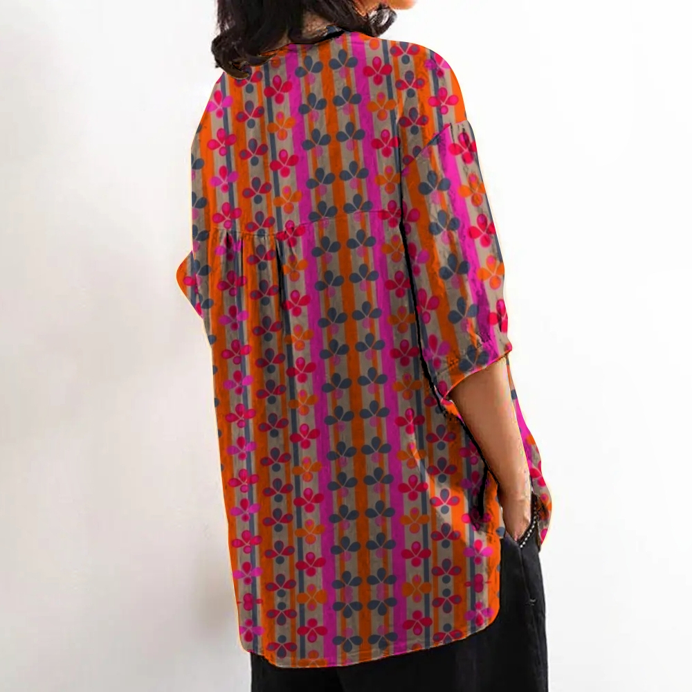 Women's Casual Colorful Geometric Floral Pattern Printed Cotton And Linen Shirt