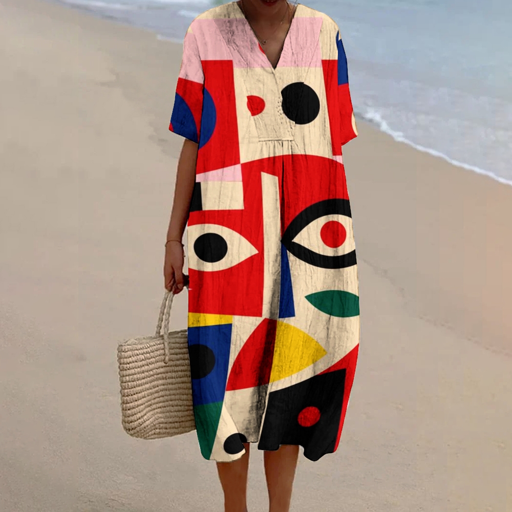Women's Vintage Abstract Geometric Print Flowy Linen Dress