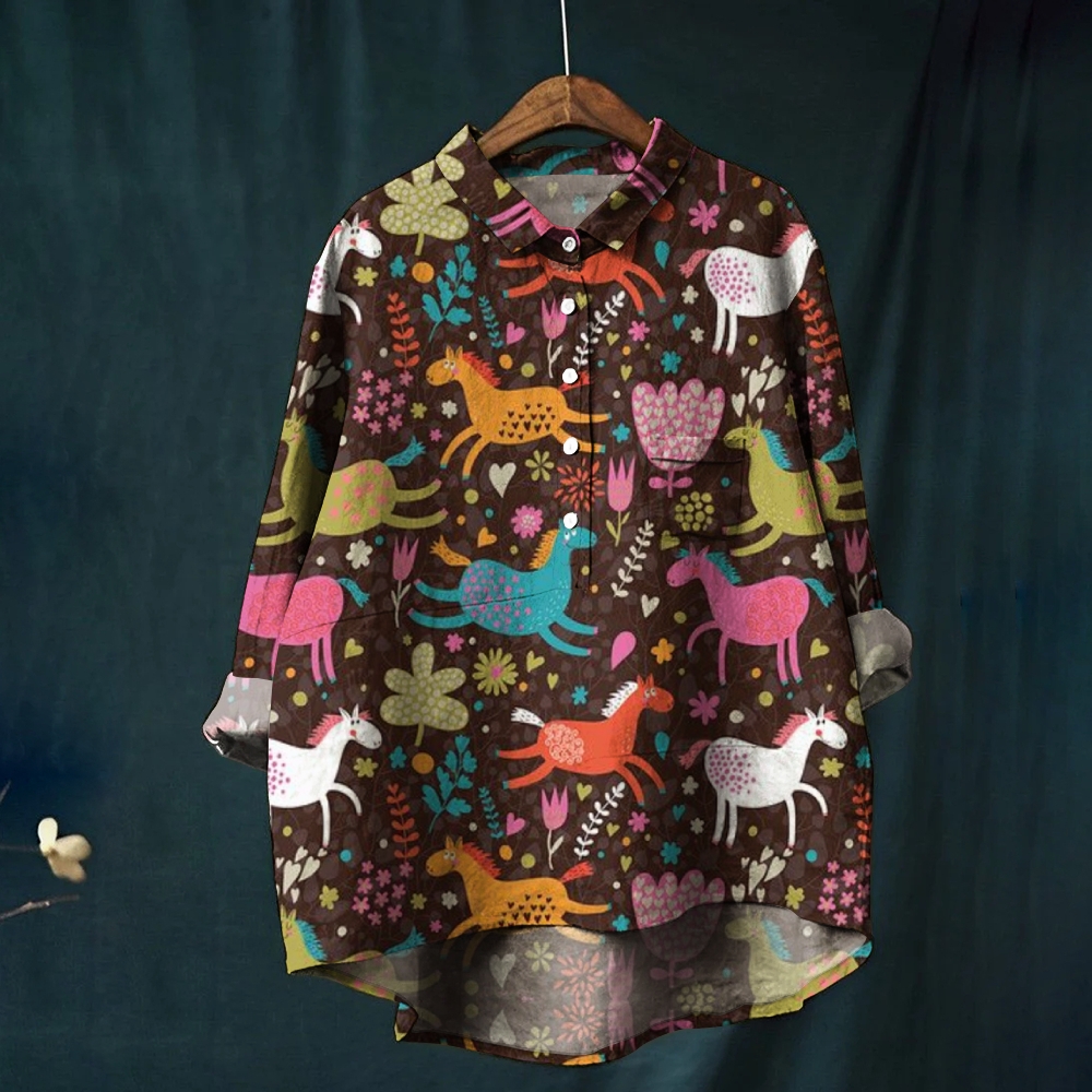 Women's Horse Print Casual Cotton And Linen Shirt