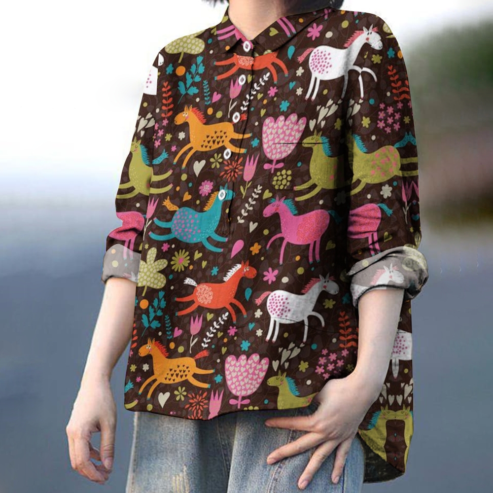 Women's Horse Print Casual Cotton And Linen Shirt