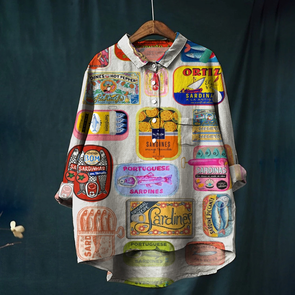 Women's Canned Fish Print Casual Cotton And Linen Shirt
