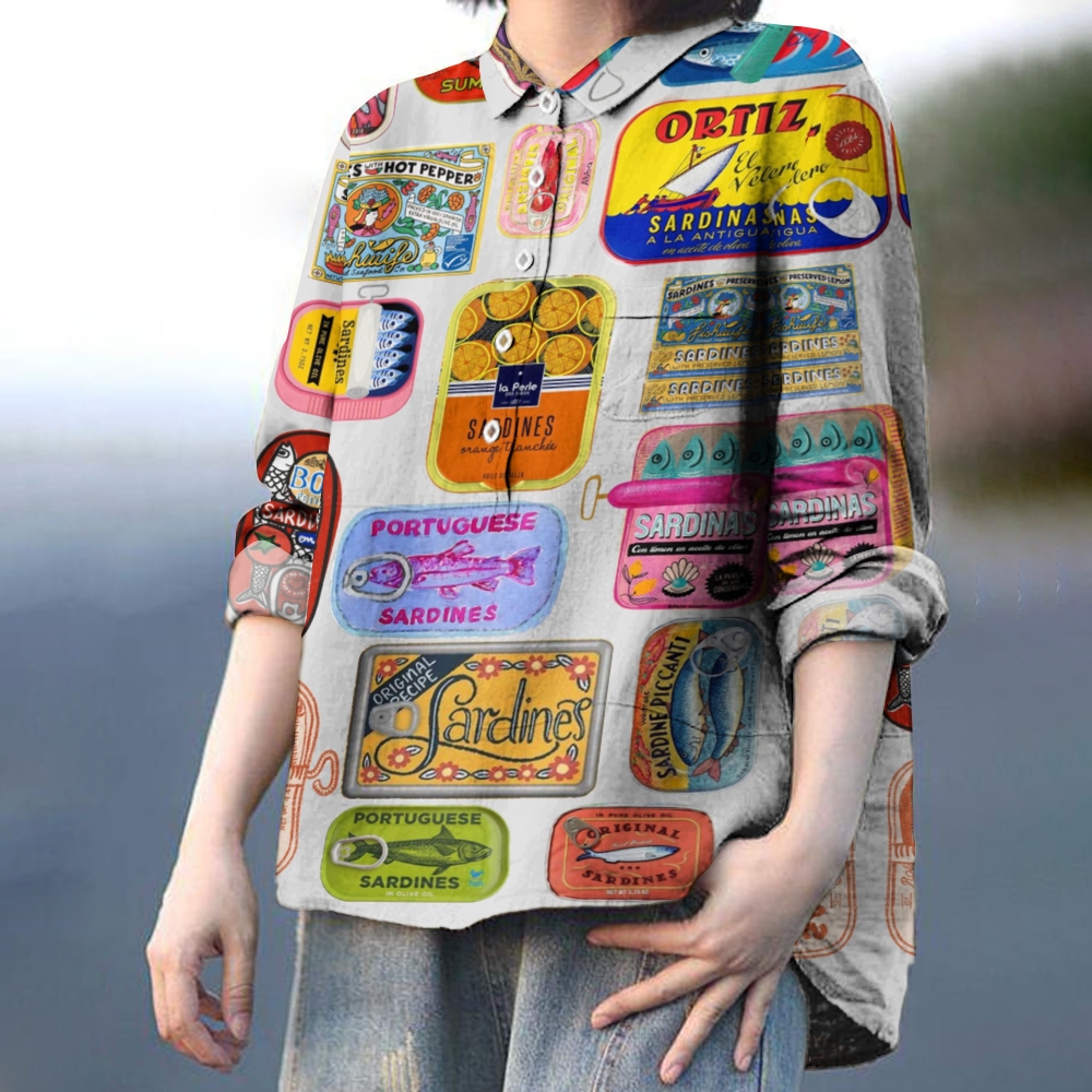 Women's Canned Fish Print Casual Cotton And Linen Shirt