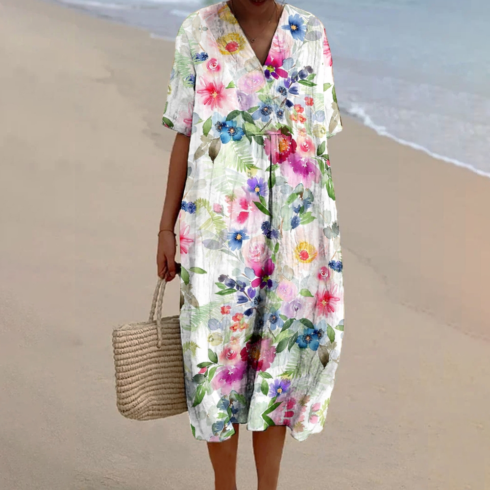 Women's Flowers Print Flowy Linen Dress