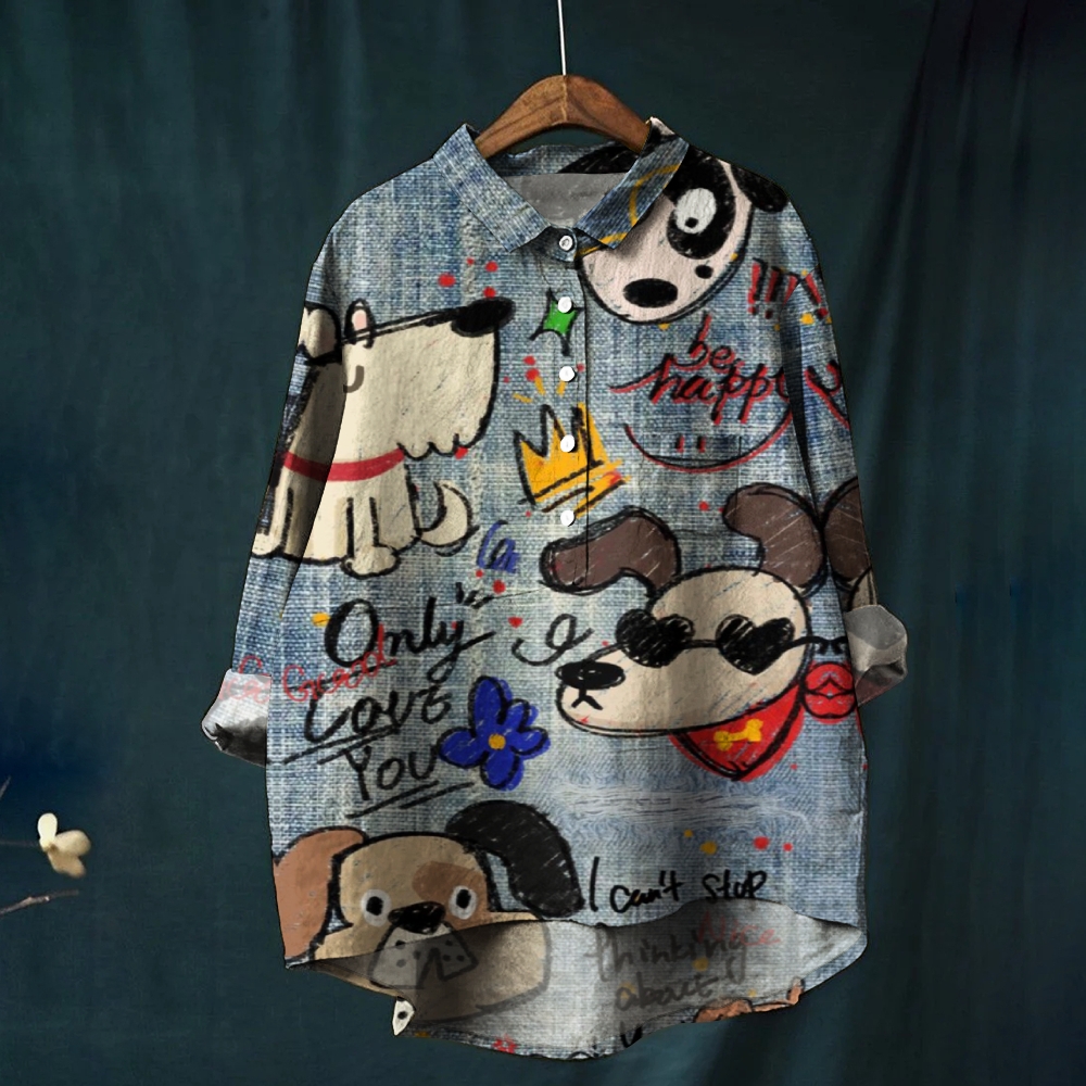 Women's Cowboy Puppy Print Casual Cotton And Linen Shirt