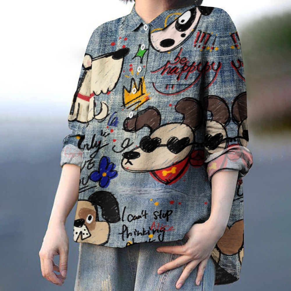 Women's Cowboy Puppy Print Casual Cotton And Linen Shirt