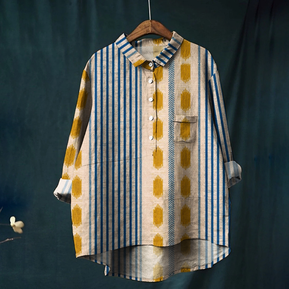 Women's Retro Color Block Print Casual Cotton And Linen Shirt