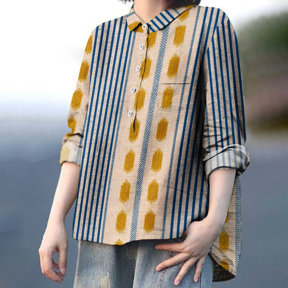 Women's Retro Color Block Print Casual Cotton And Linen Shirt
