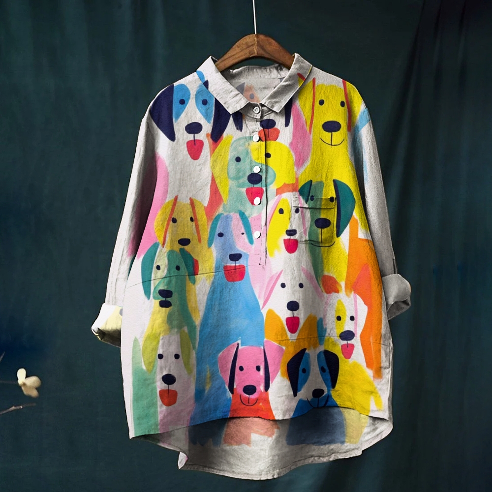 Women's Colorful Dog Print Casual Cotton And Linen Shirt