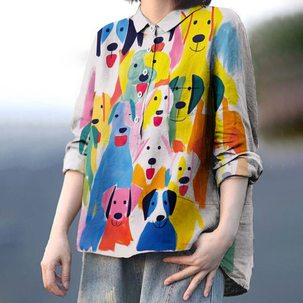 Women's Colorful Dog Print Casual Cotton And Linen Shirt