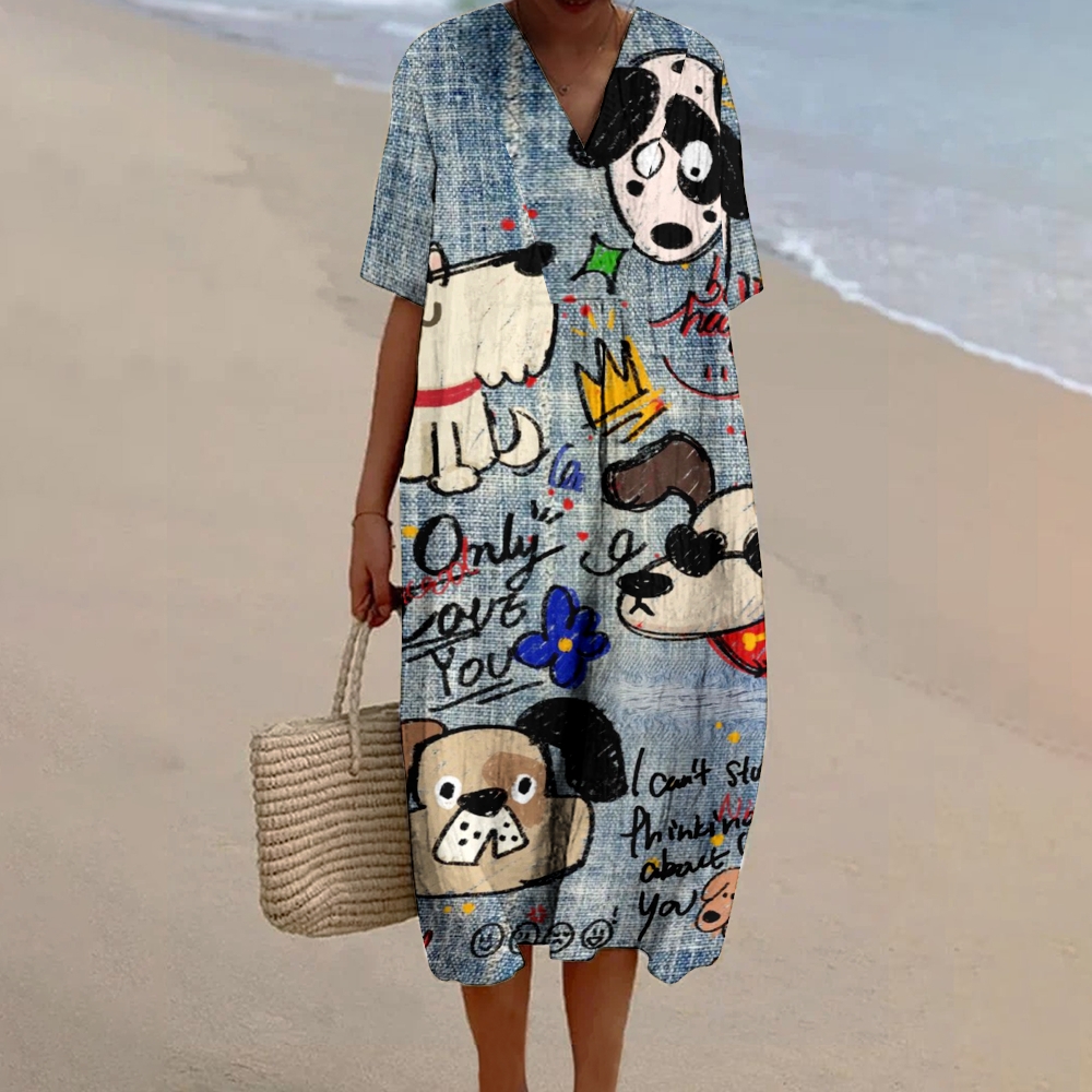 Women's Cowboy Puppy Print Flowy Linen Dress