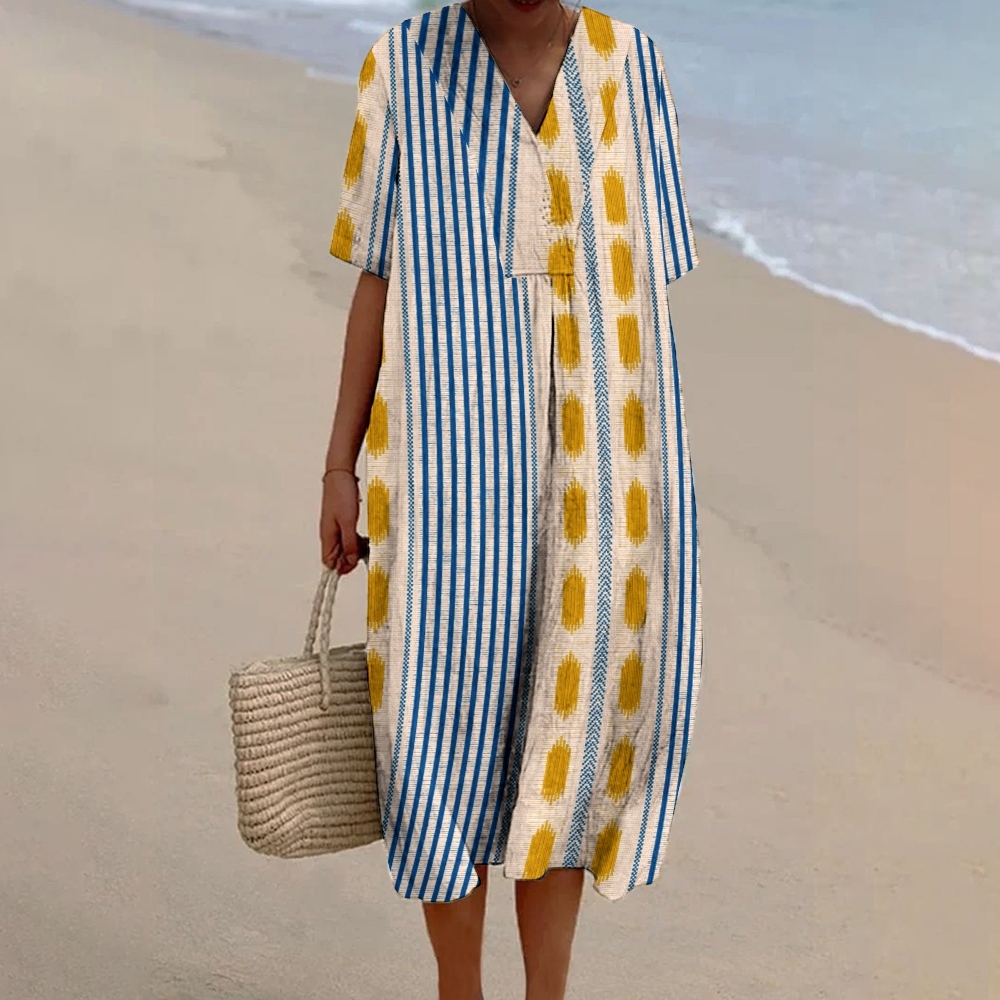 Women's Retro Color Block Print Flowy Linen Dress