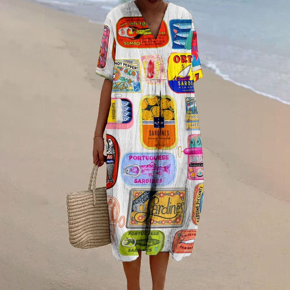 Women's Canned Fish Print Print Flowy Linen Dress