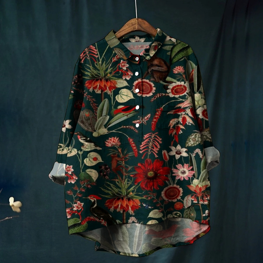 Women's Floral Art Print Casual Cotton and Linen Top