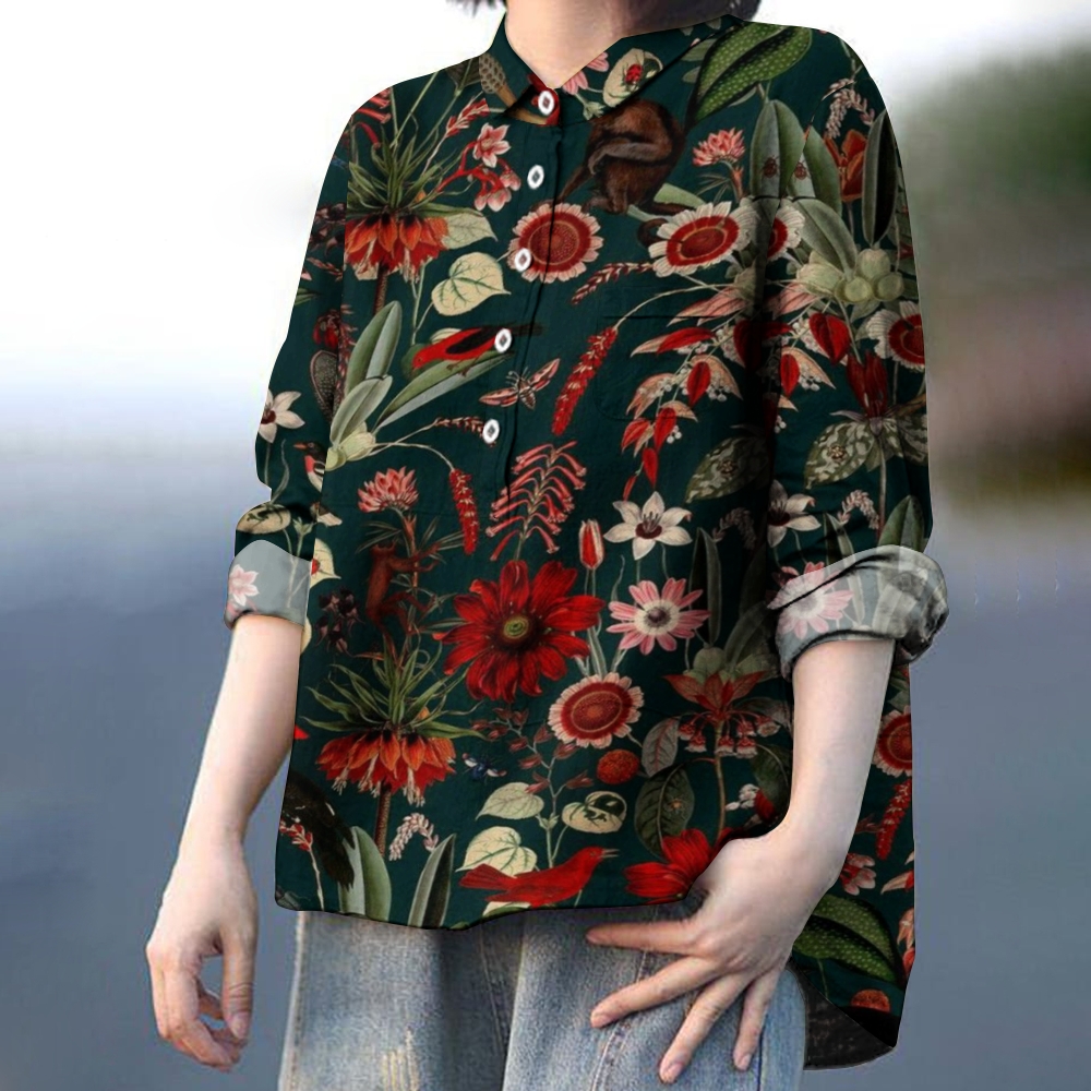 Women's Floral Art Print Casual Cotton and Linen Top