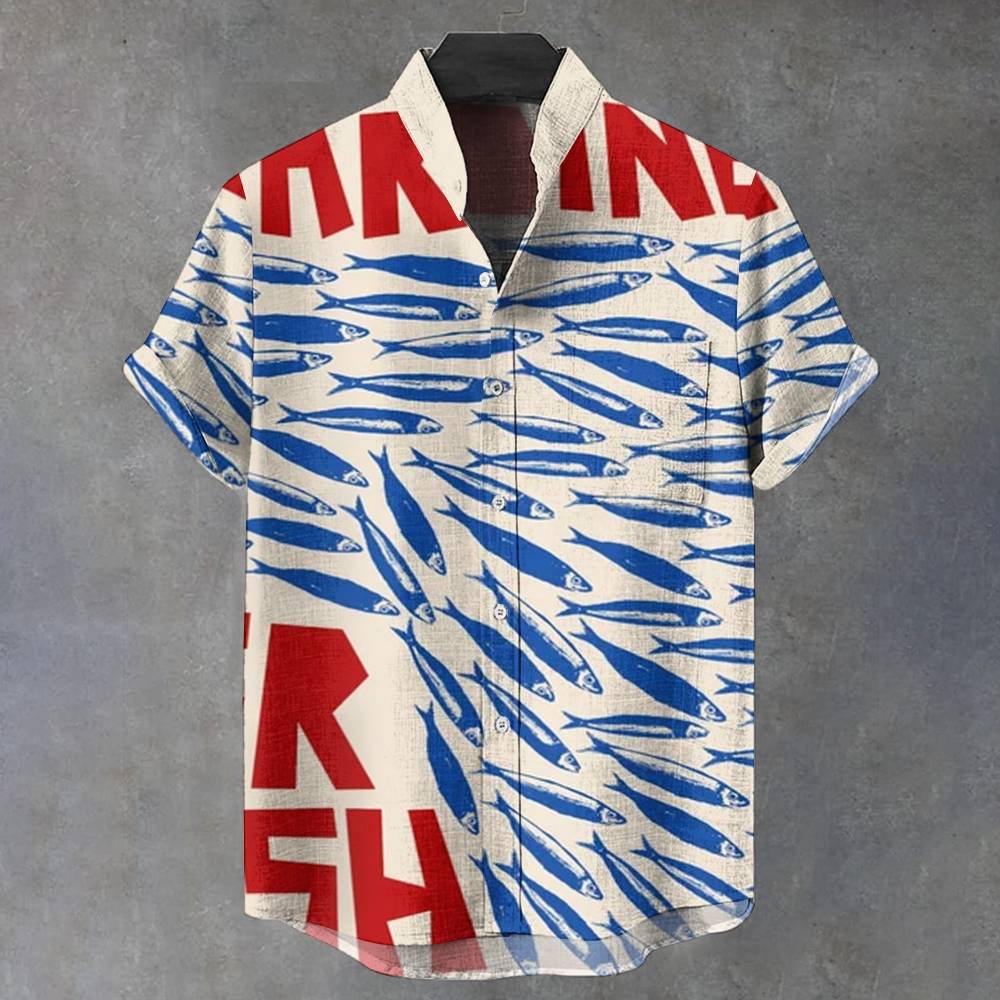 Men's Stand Collar Printed Short Sleeve Shirt 2408002310