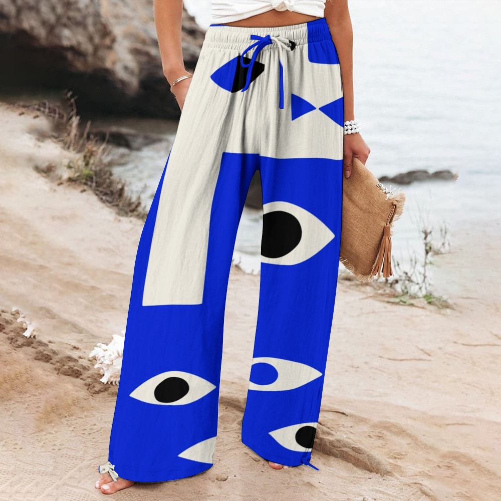 Women's Vintage Abstract Eyes Art Cotton And Linen Wide Leg Casual Pants