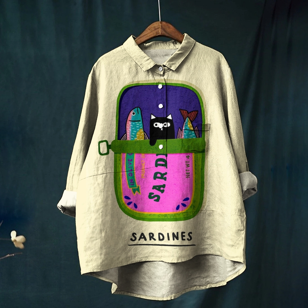 Women's Sardines Print Casual Cotton And Linen Shirt