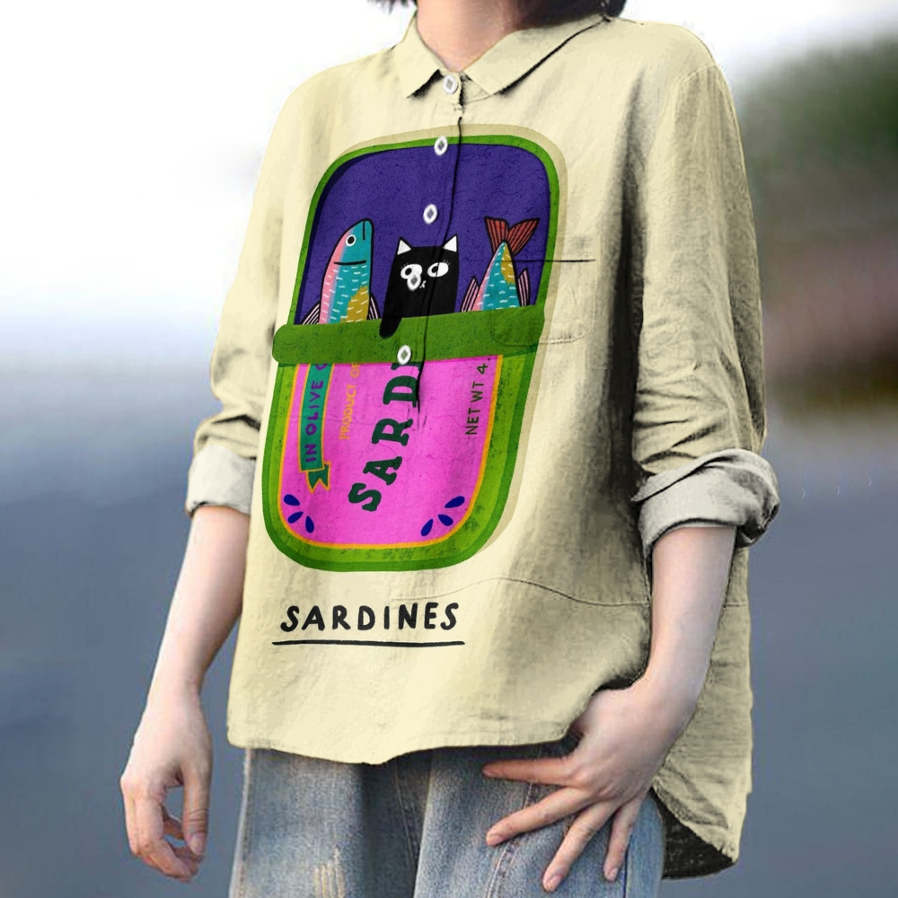Women's Sardines Print Casual Cotton And Linen Shirt