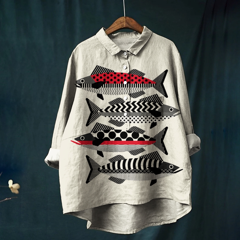 Women's Retro Fish Print Casual Cotton And Linen Shirt