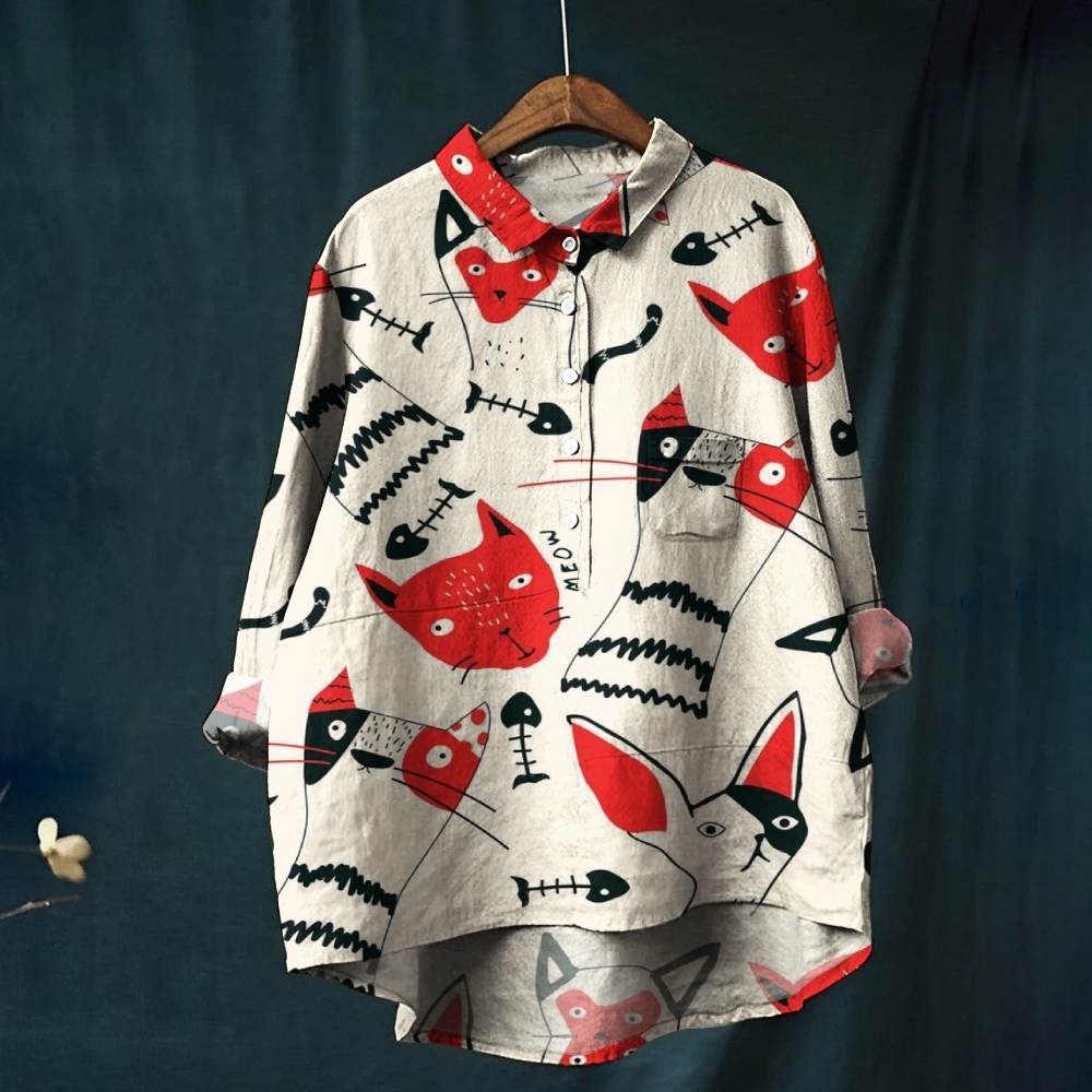 Women's Red Cat Print Casual Cotton And Linen Shirt