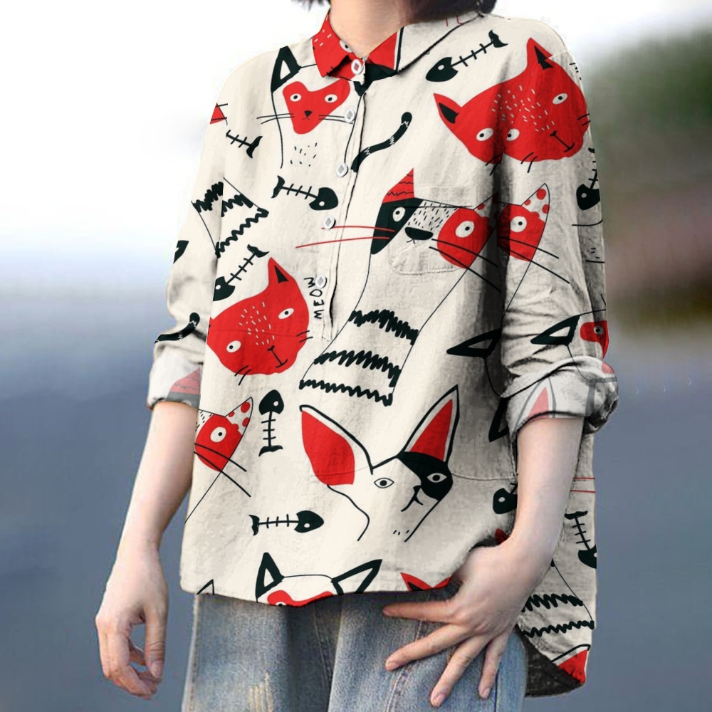 Women's Red Cat Print Casual Cotton And Linen Shirt