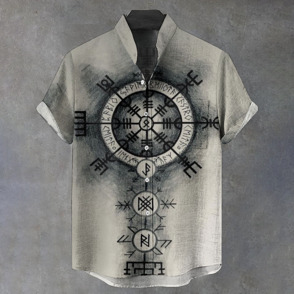 Men's Stand Collar Vintage Viking Pattern Printed Short Sleeve Shirt