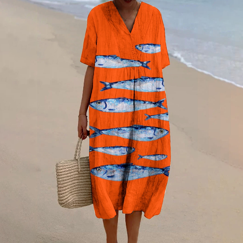 Women's Sardine Print Flowy Linen Dress