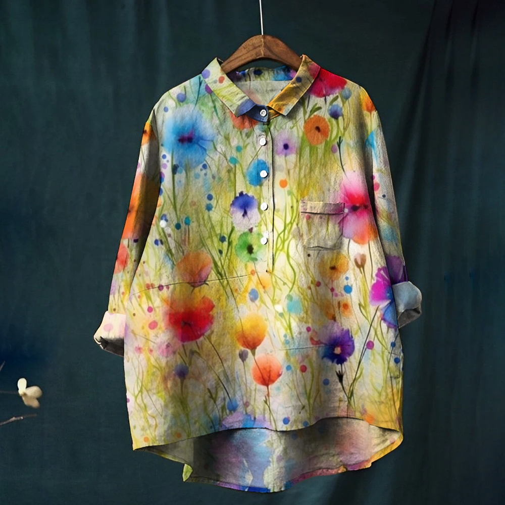 Women's Vintage Lovely Floral Birds Art Print Casual Cotton And Linen Shirt
