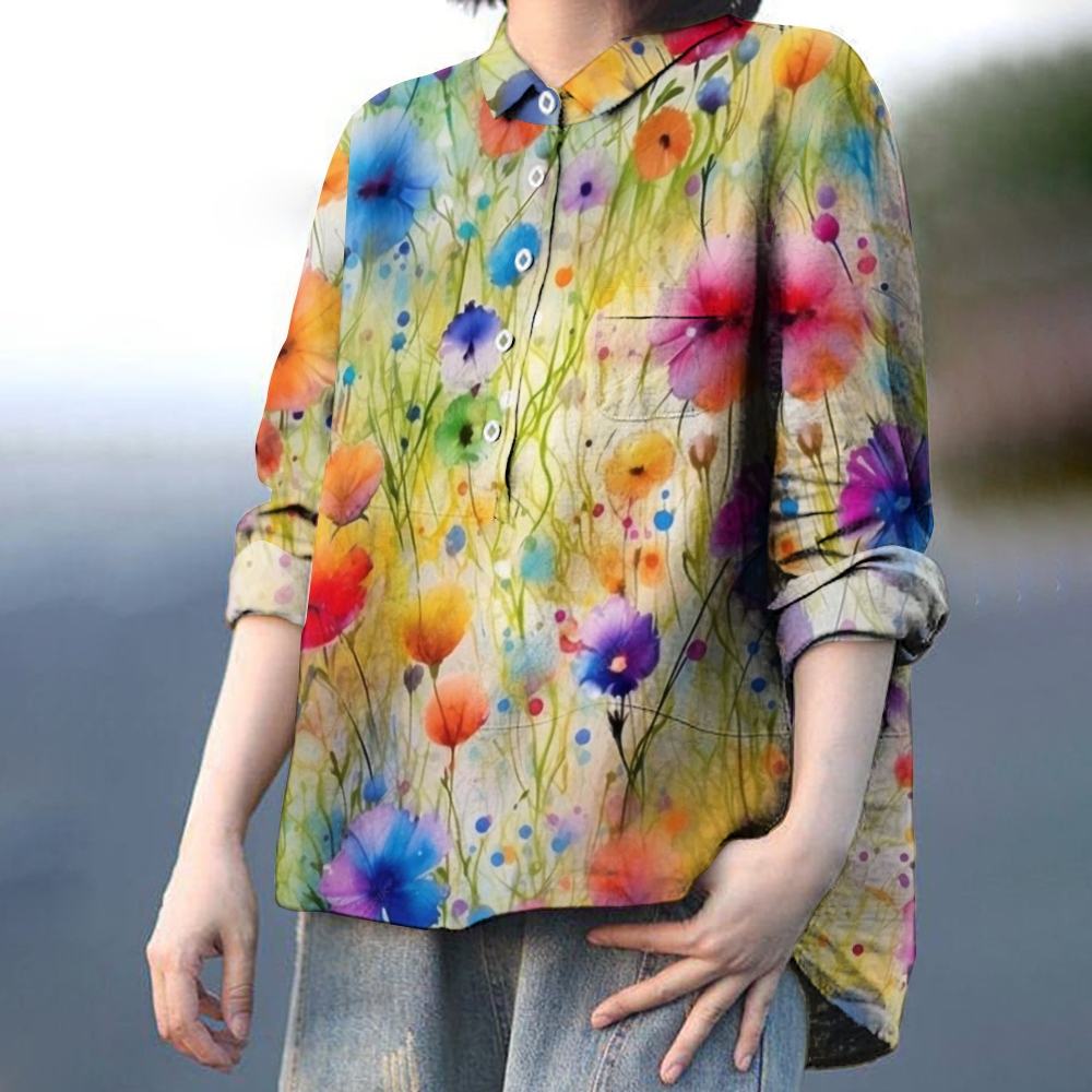 Women's Vintage Lovely Floral Birds Art Print Casual Cotton And Linen Shirt