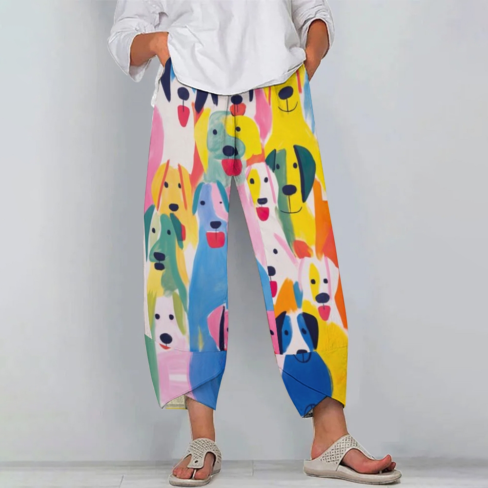 Women's Dog Art Casual Printed Cotton And Linen Pants