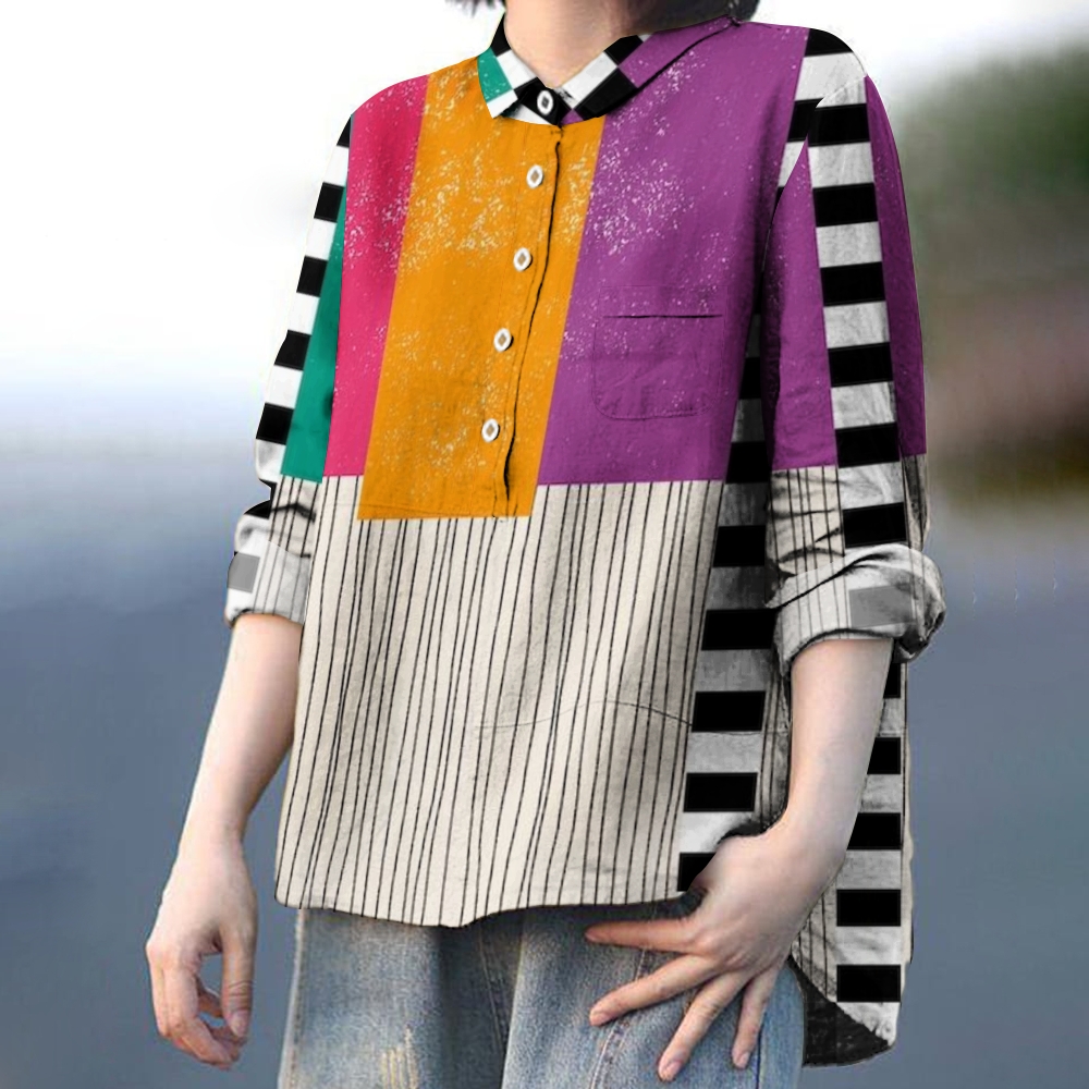 Women's Abstract Print Casual Cotton And Linen Shirt