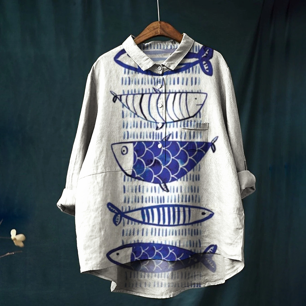 Women's Blue Fish Print Casual Cotton And Linen Shirt