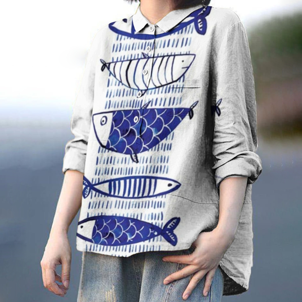 Women's Blue Fish Print Casual Cotton And Linen Shirt