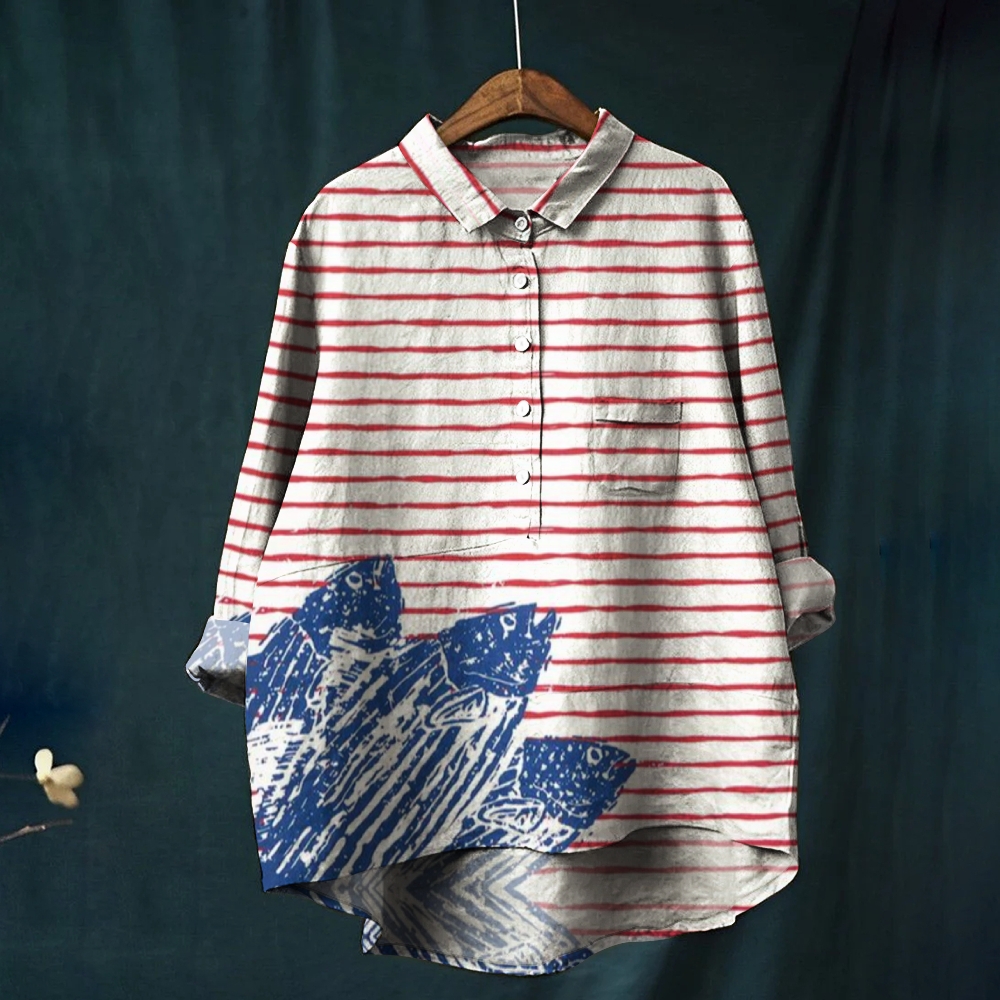 Women's Stripe Fish Print Casual Cotton And Linen Shirt