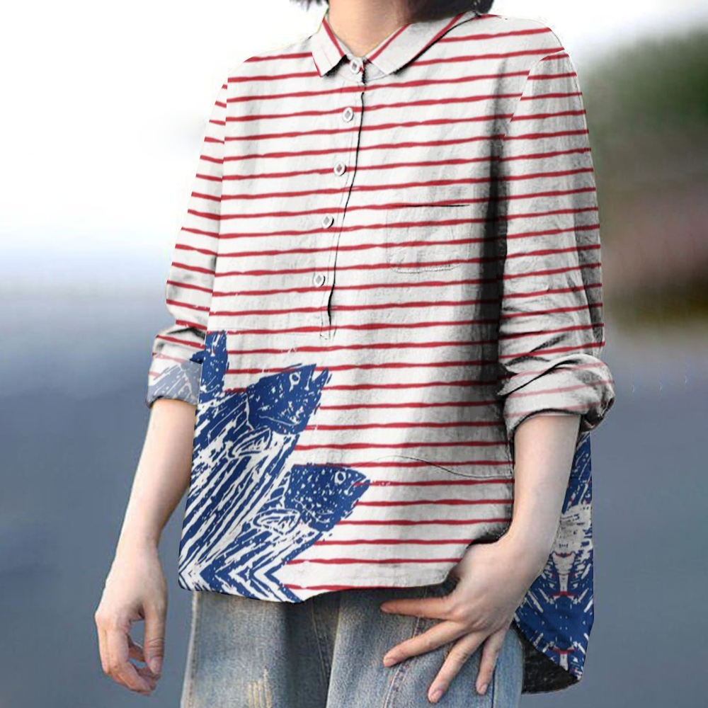 Women's Stripe Fish Print Casual Cotton And Linen Shirt