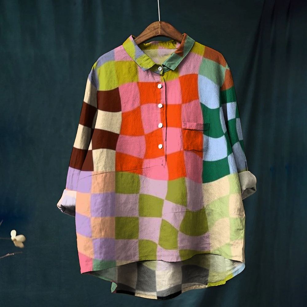 Women's Plaid Colorblock Print Casual Cotton And Linen Shirt