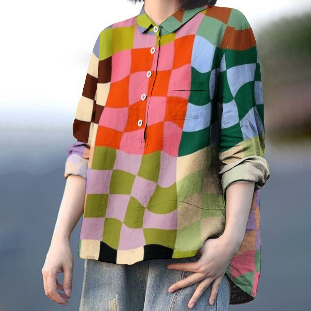 Women's Plaid Colorblock Print Casual Cotton And Linen Shirt