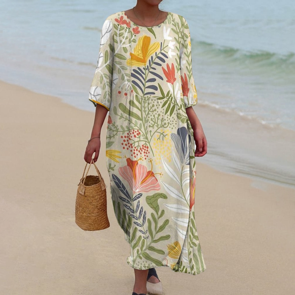 Women's Floral Printed Cotton And Linen Maxi Dress