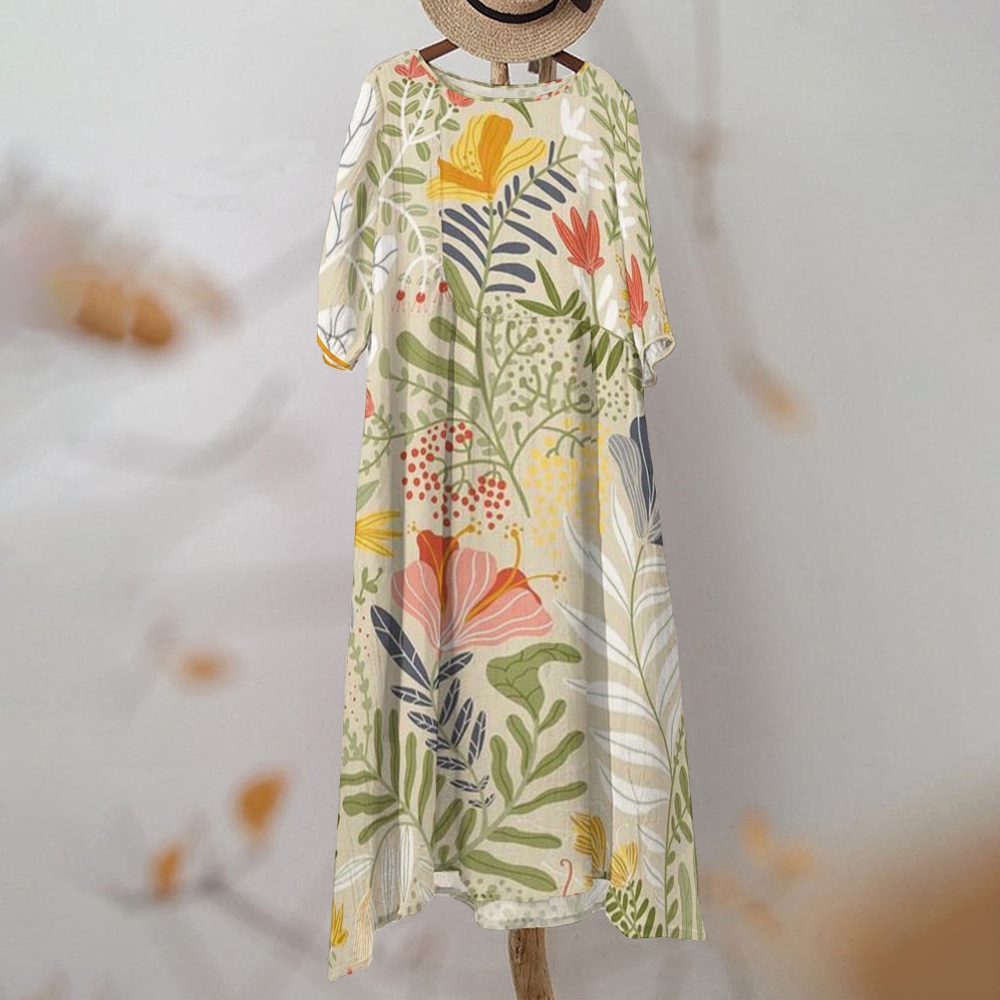 Women's Floral Printed Cotton And Linen Maxi Dress