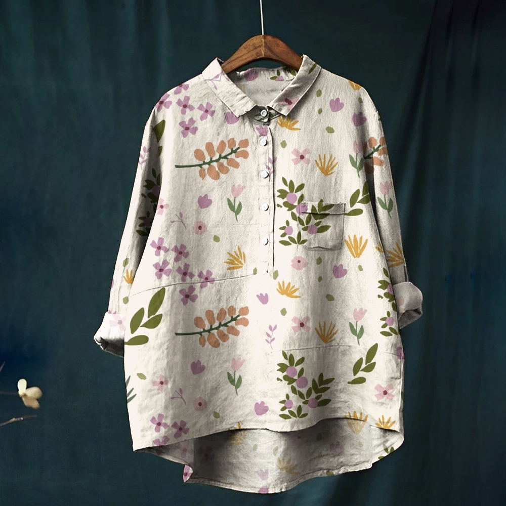 Women's Vintage Flower Print Casual Cotton And Linen Shirt