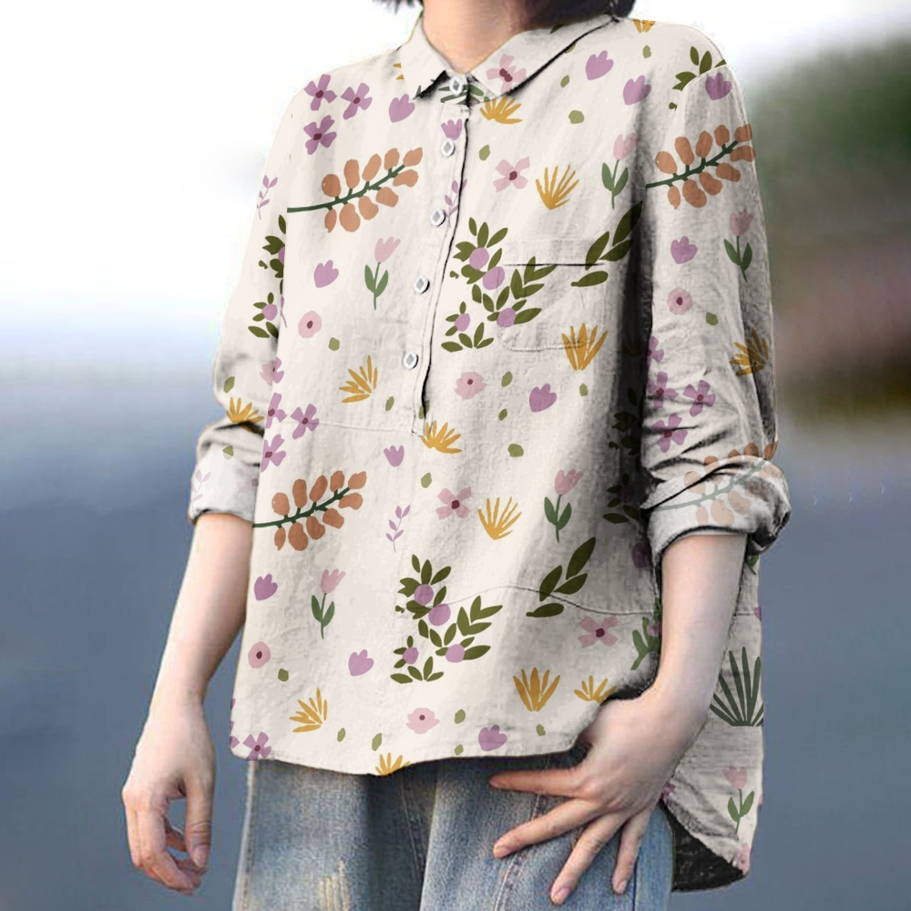 Women's Vintage Flower Print Casual Cotton And Linen Shirt