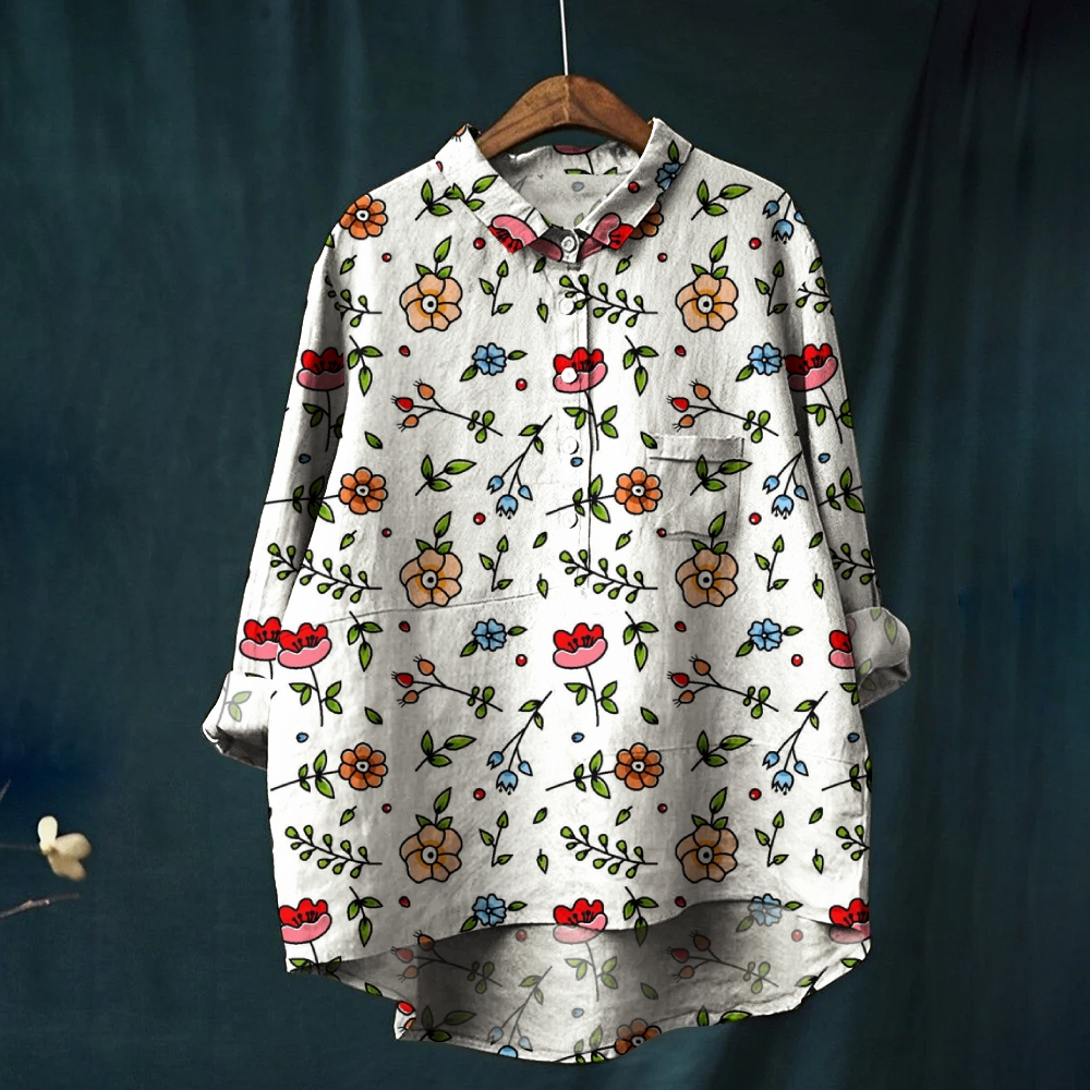 Women's Flower Print Casual Cotton And Linen Shirt