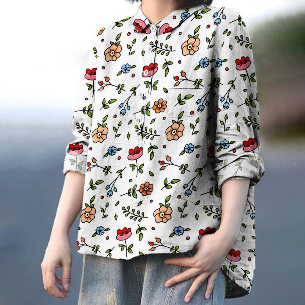 Women's Flower Print Casual Cotton And Linen Shirt